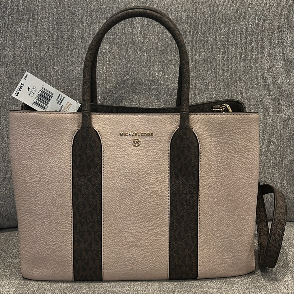 Michael Kors Austin Soft Pink & Brown Large Pebble Leather Satchel, 13x9.5x5,NWT